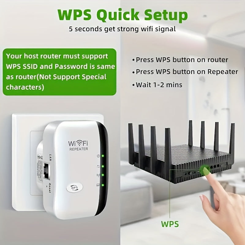 Dual-mode Wifi signal booster doubles as a router, boosting signal to 1200Mbps on 2.4 & 5Ghz bands, supporting 35 devices. Features 4 modes, one-click setup, 4 antennas for 360° coverage