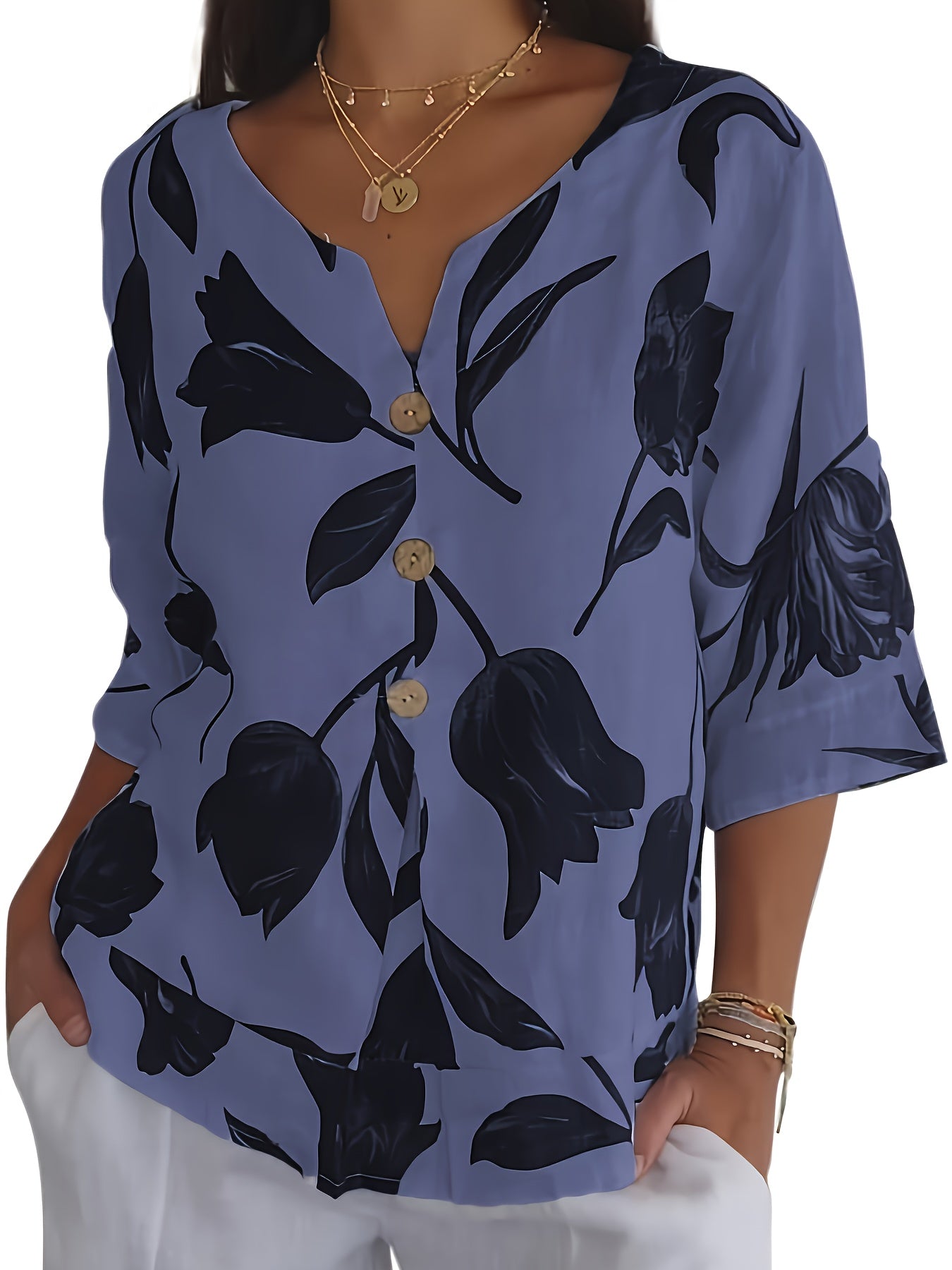 Print Plus Size Floral V-Neck Blouse with Button Detail - Casual Half Sleeve, Non-Stretch Polyester Blend for Women.