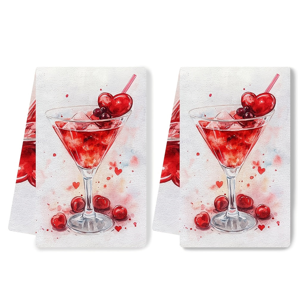 Set of 2 Ultra Soft Kitchen Towels with Valentine's Day Cherry Cocktail Design. These highly absorbent and machine washable dish hand towels measure 40.64x60.96 cm. Perfect for holiday decor, these dish towels are both functional and stylish.