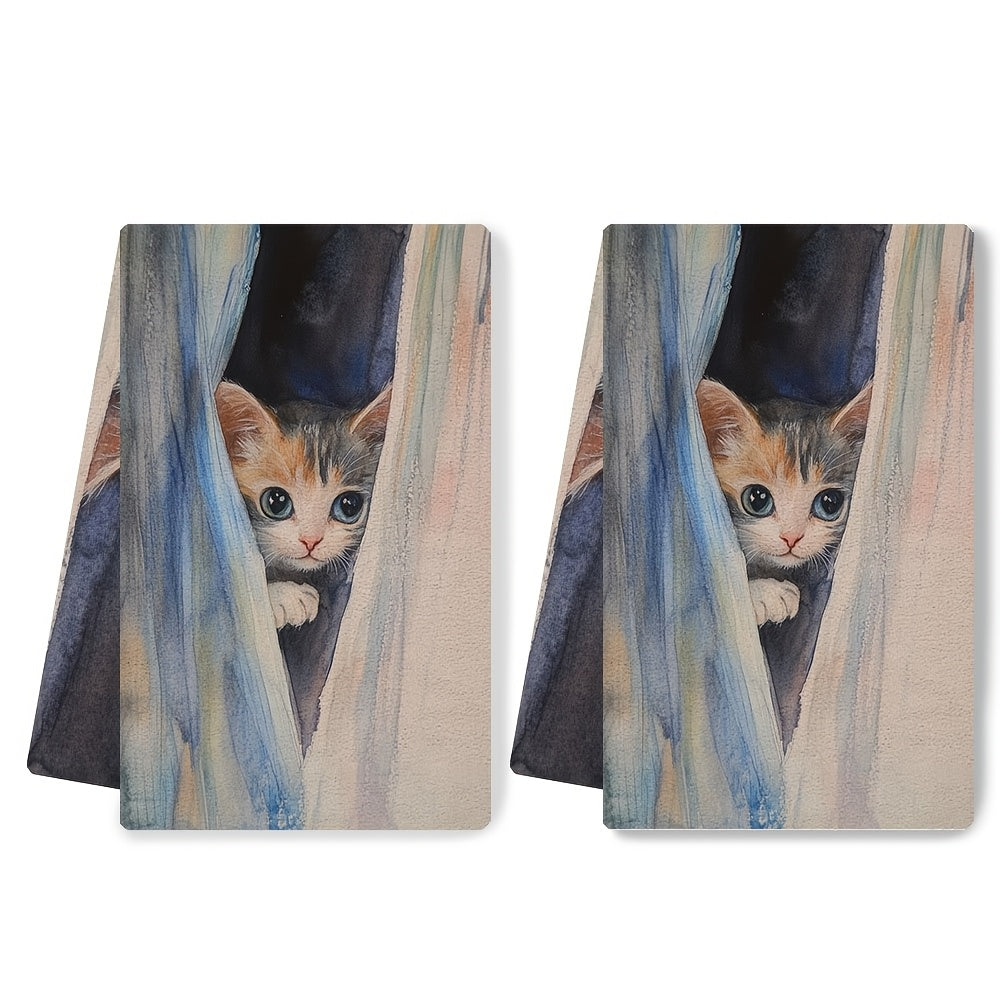 Ultra Soft Kitchen Towels with Peekaboo Kitten Design - Set of 2. These charming towels are highly absorbent and machine washable, perfect for everyday use in your kitchen. The contemporary watercolor art adds a stylish touch to your holiday decor. Each