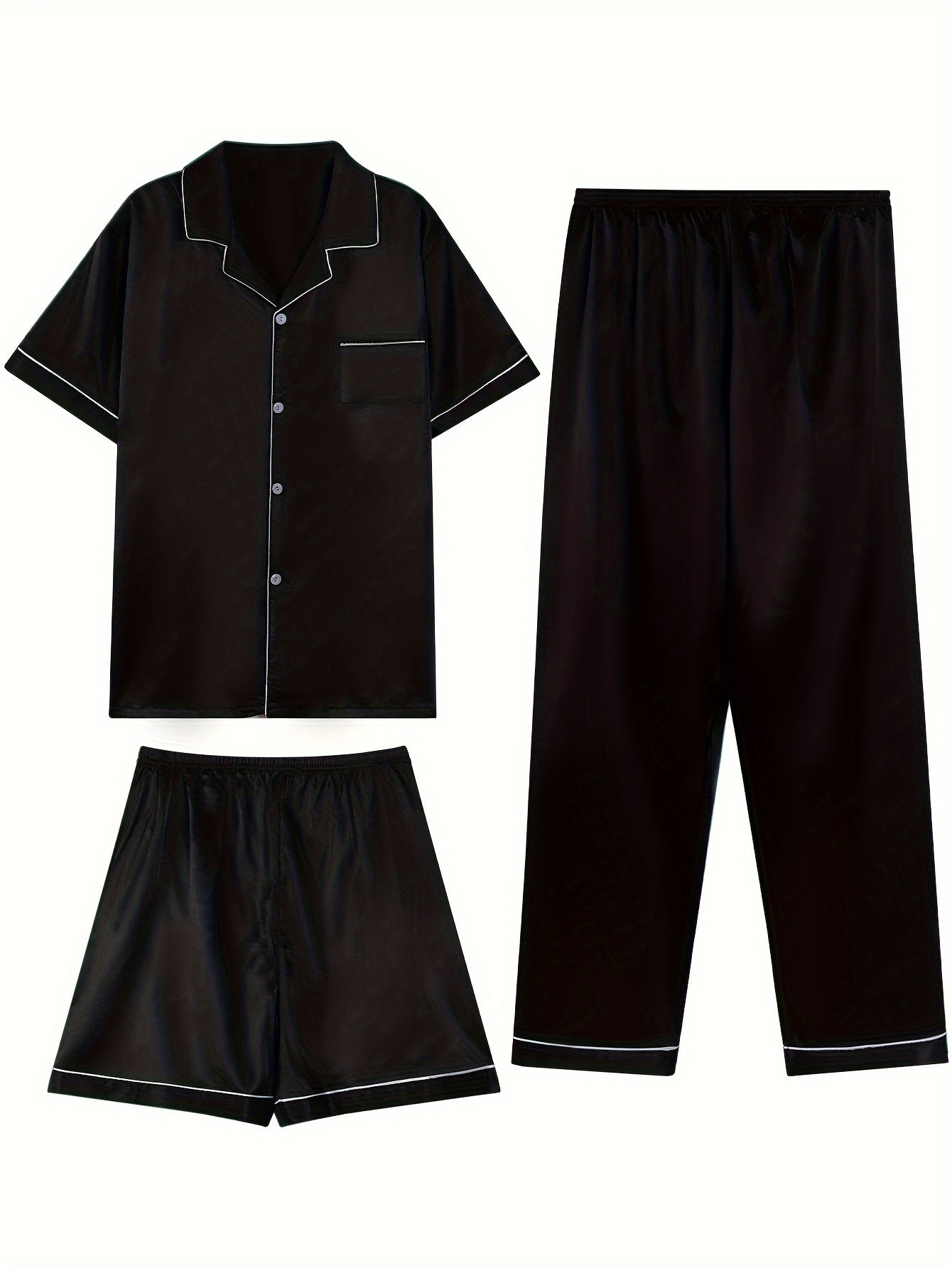 3 men's sleepwear pieces with short sleeves, shorts, and lightweight long pants. Ideal for a simple and casual summer outfit with a solid color and cardigan collar.