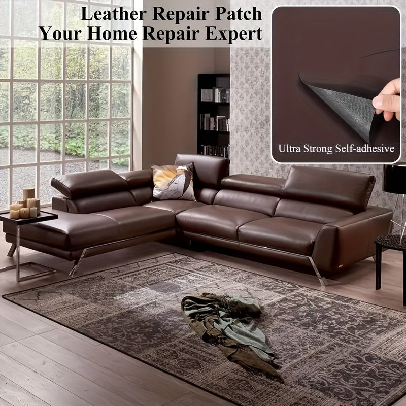 Large self-adhesive faux leather repair patch, versatile for DIY projects on furniture and accessories, with multiple color options.