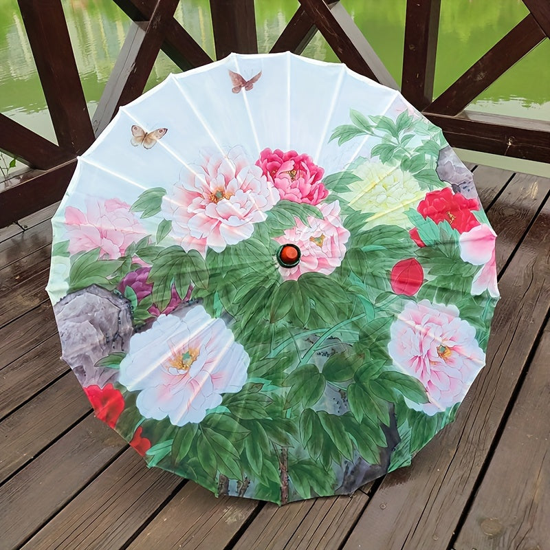 Chinese Flowers Parasol Umbrella with Cherry Blossom Sakura Floral Bamboo Handle for Sun and Rain Protection, Ideal for Weddings and Parties.