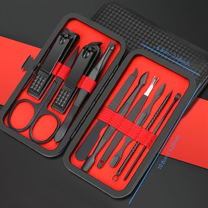 Professional quality deluxe manicure and pedicure set with ultra sharp stainless steel tools in a stylish black and red case. Perfect for achieving perfectly groomed fingernails and