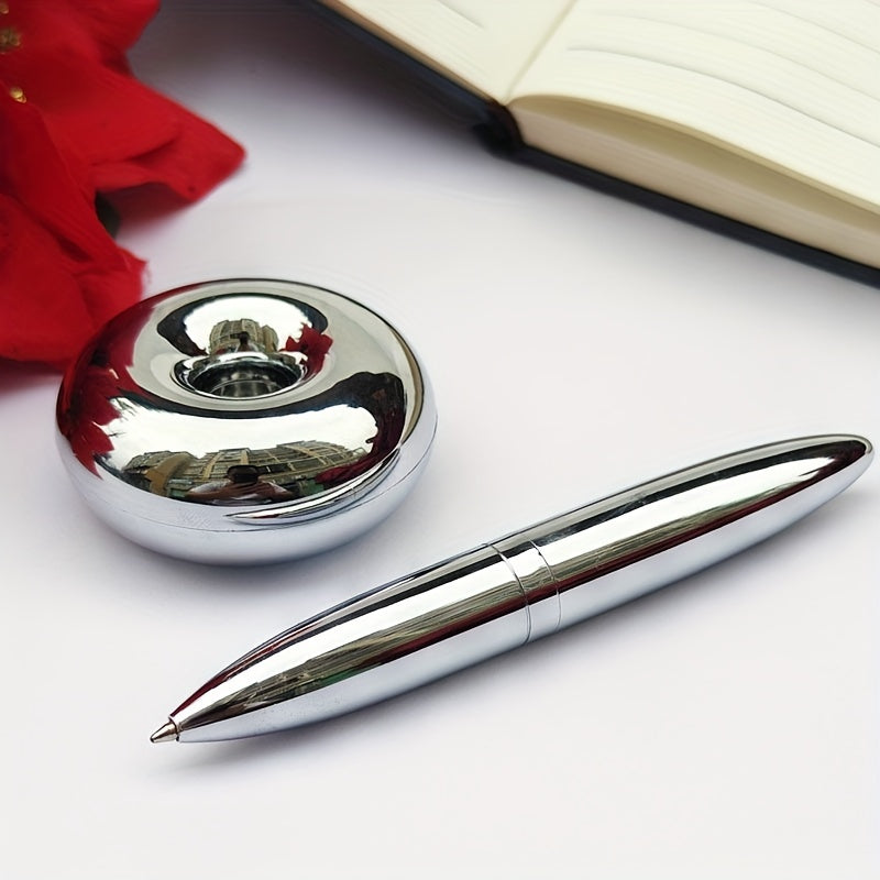 Magnetic levitation round ballpoint pen for men's gift with metal and plastic pen holder.