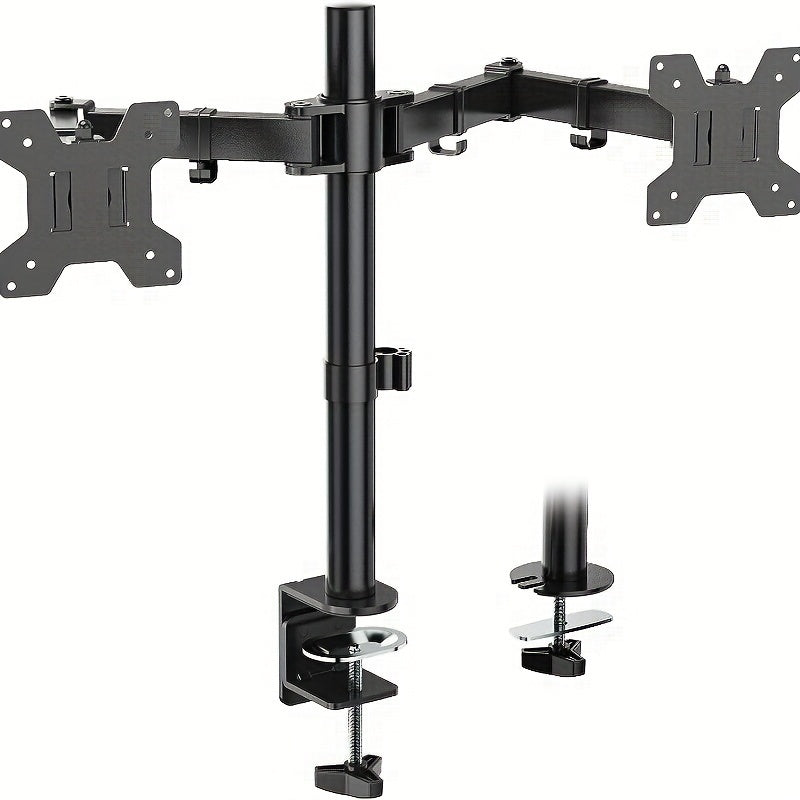 Adjustable dual-monitor desktop stand with clamp design and iron construction for office use.