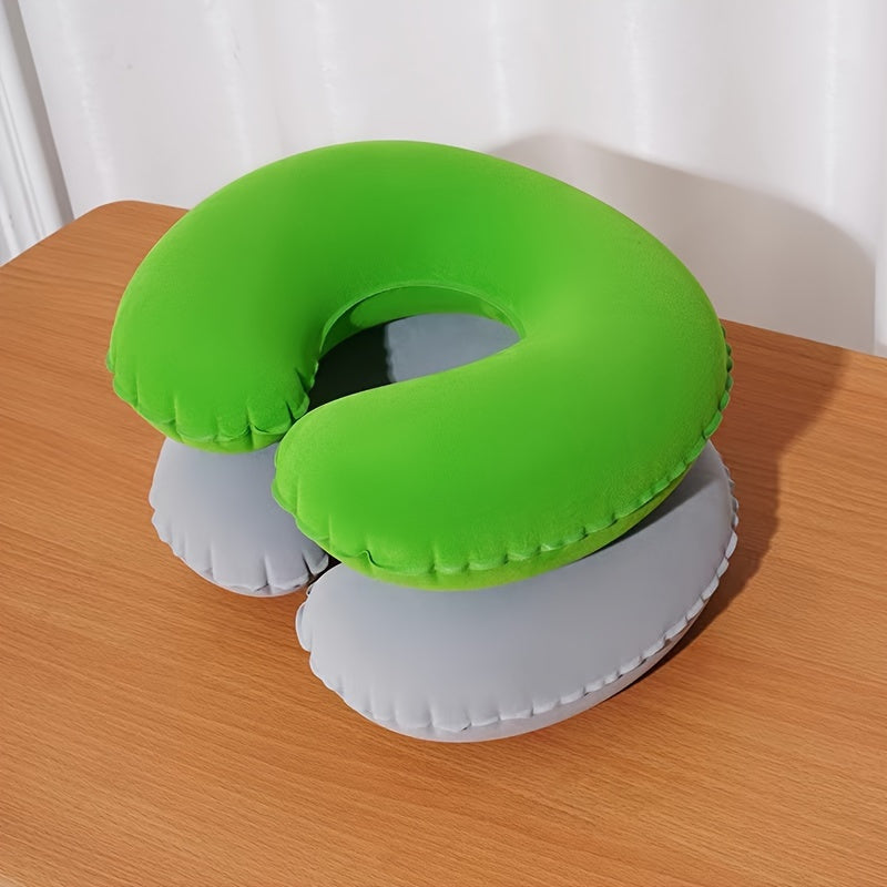 A pack of 1 or 3 ultra-comfortable inflatable C-shaped neck pillows, perfect for travel and car use. Made with soft velvet material, a zippered nylon cover, and is hand washable.