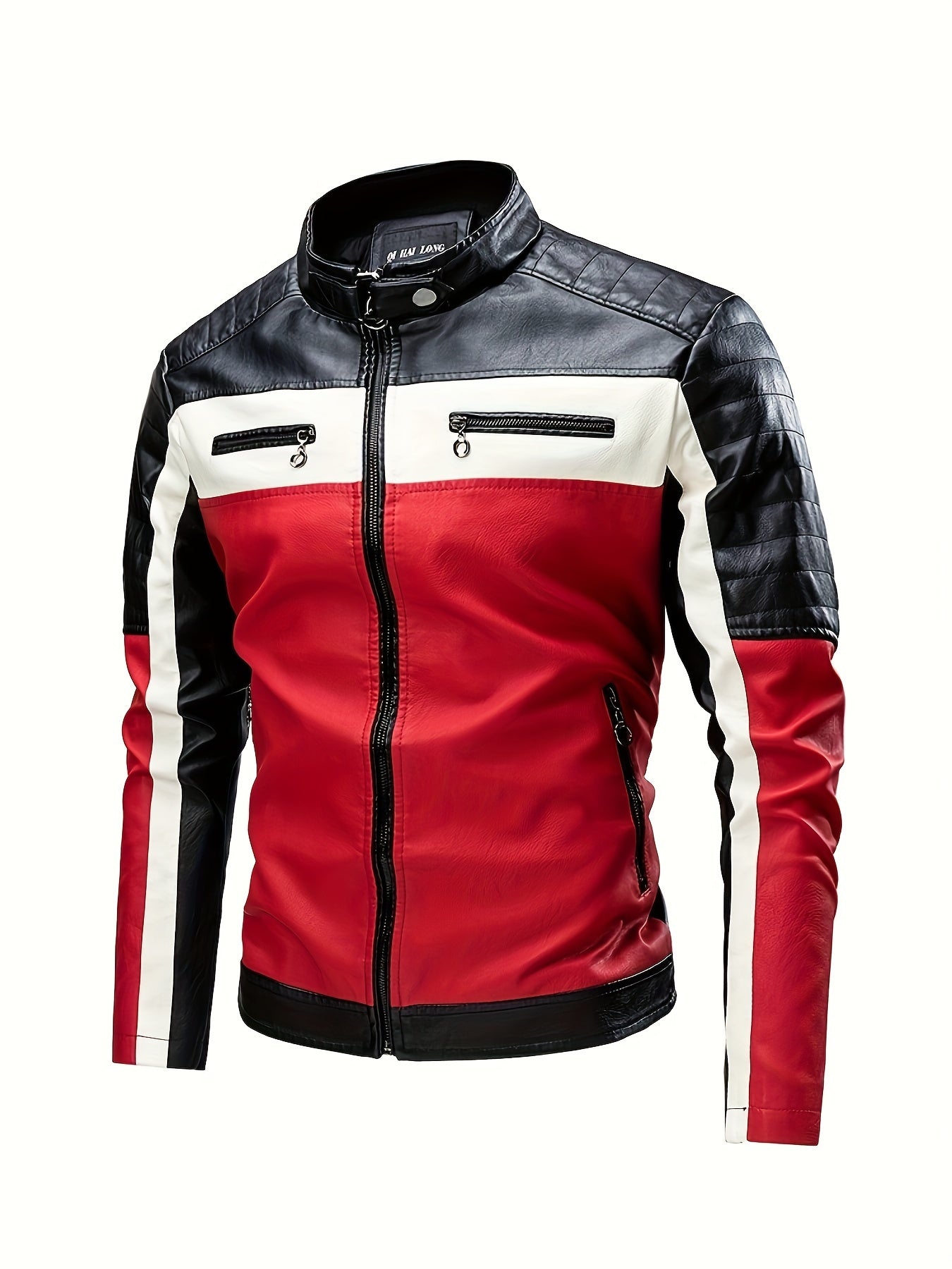 Men's red & black PU leather biker jacket, windproof and warm for Fall 2024. Versatile for casual riding, with zipper closure and side pockets. Asymmetrical design for durability and style.