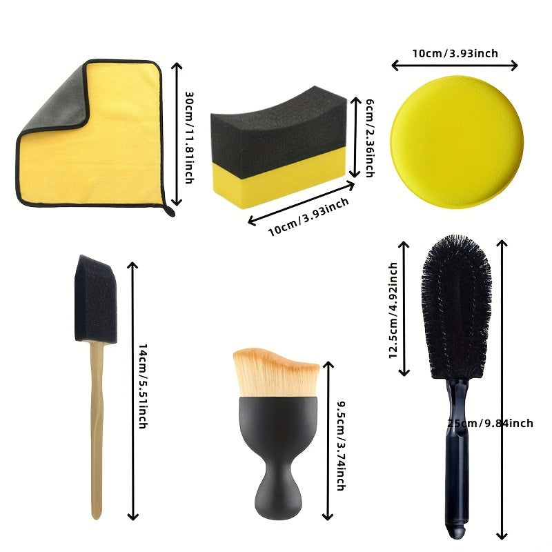 Full car detailing set includes wash mitt, wheel brush, dusting brush, vent cleaning tool, long & short brushes, wax applicator sponge, and duster - non-electric.