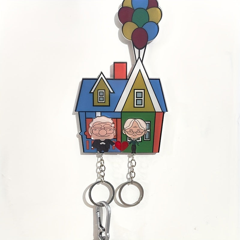 Acrylic Couple Keychain Set with Floating Balloon House Design, ideal for romantic anniversaries. Customized gift with decorative ring buckle, perfect for Valentine's Day.