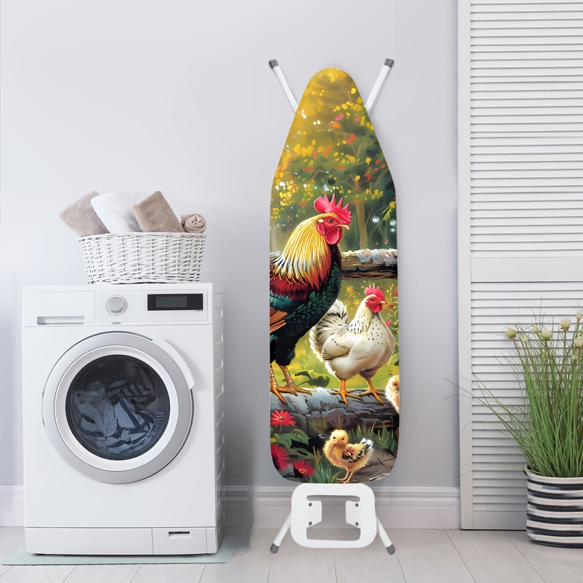 Farmhouse Ironing Board Cover featuring an Artistic Rooster & Hen Design - Made from PET Material, Dustproof, Non-Stick, and Stain-Resistant with Elastic Edge for Easy Installation - Perfect for Home Use or as a Gift