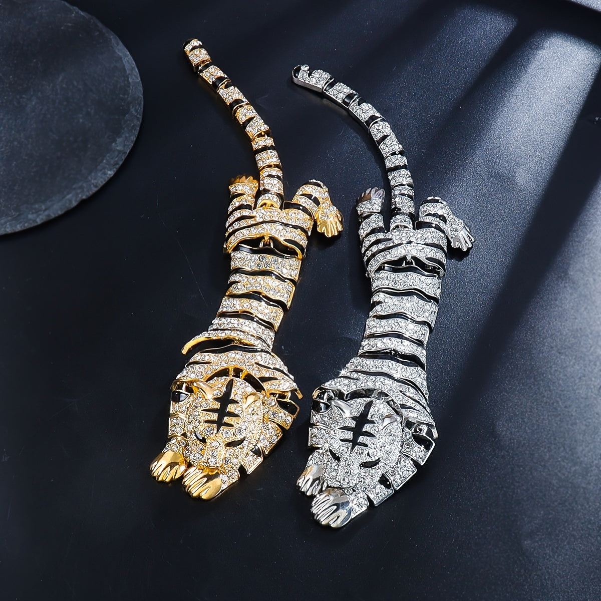 A premium rhinestone-studded tiger shoulder brooch.