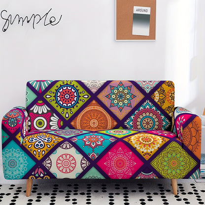 Colorful stretch sofa cover with elastic band adds a bohemian touch and protects furniture.