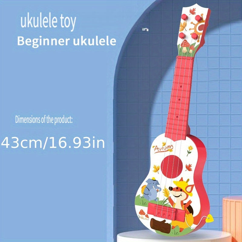 Ukulele toy in red/blue plastic, playable music instrument.