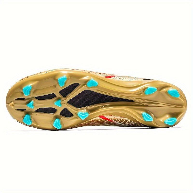 Durable turquoise and orange football cleats with TPU studs for superior grip, breathable lining, and EVA cushioning. Perfect for boys and girls in training and matches, competitive soccer.