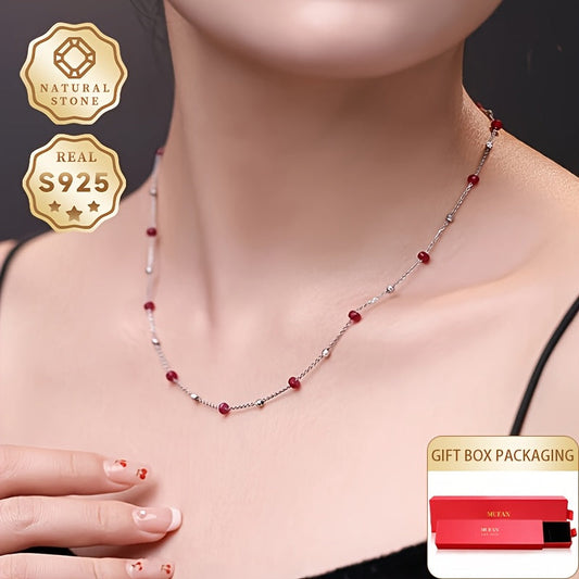 MUFAN Elegant Luxury Red Gemstone Necklace Crafted in S925 Sterling Silver, Perfect for Daily Wear and Gift Giving, Features a Starry Design with Distinctive Stone Patterns and Textures for Women - Comes in a Gift Box [Suitable for All Seasons]