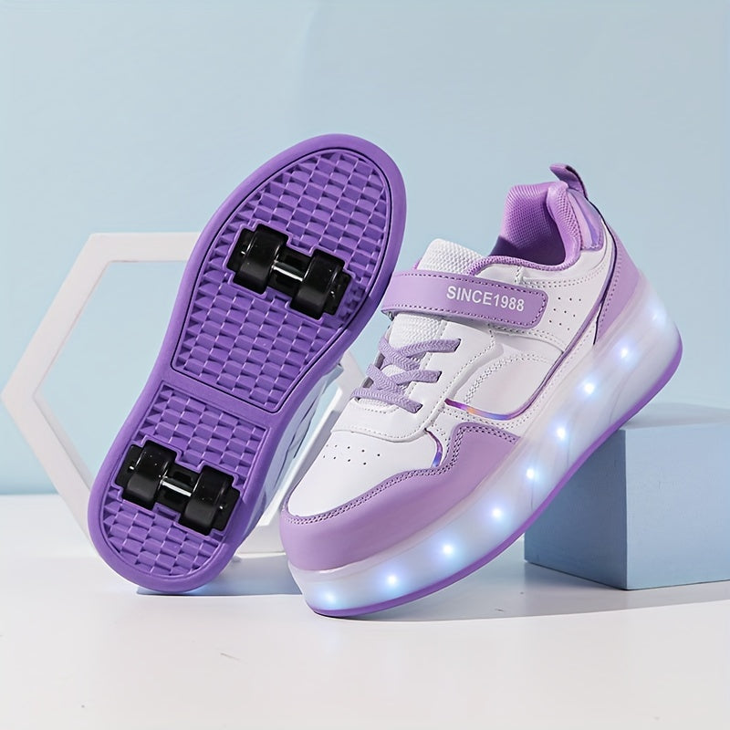 LED Light-Up Roller Skates for girls in Purple & White. Adjustable strap, Lightweight & Breathable. Ideal for outdoor fun and street style. Trendy youth sneakers with Pu Upper Skates.