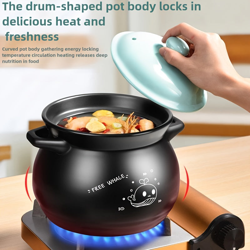 Black whale ceramic slow cooker with a cute design, made from high-temperature heat-resistant earthenware, suitable for use on gas stovetops. Perfect for cooking stews, rice, and soups without the need for a power supply.