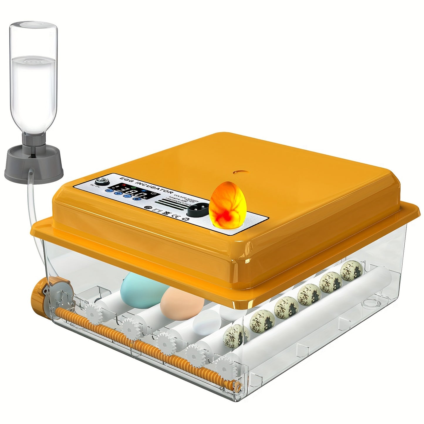 CoInceptus 16-Egg Incubator: Transparent, Orange, LED Lamp, Automatic Water Filling, Easy Assembly. Ideal for Duck, Quail, Goose, Pigeon Eggs. Perfect for Lab Egg Turning.