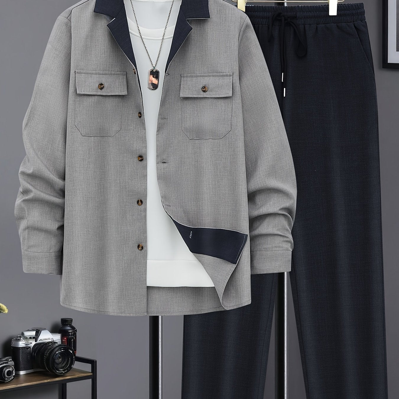 Men's Autumn/Winter Long Sleeve Button Shirt and Casual Pants Set