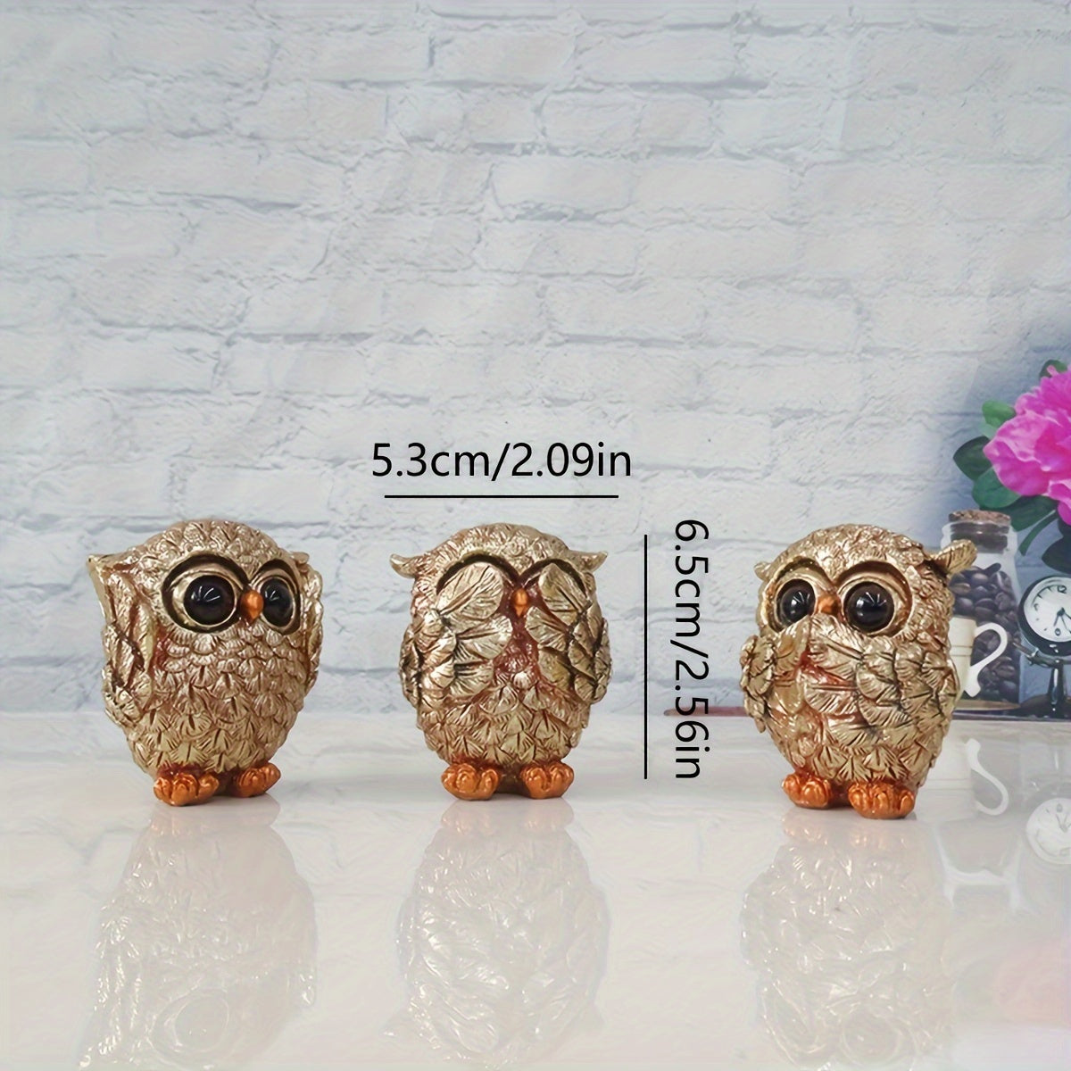 3 European-style owl figurines crafted from resin for indoor decoration in living rooms, offices, and home decor - versatile and no need for electricity.