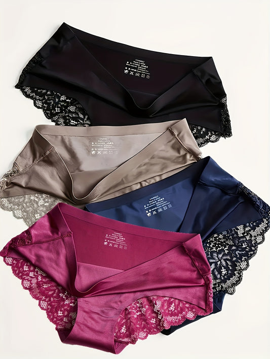 4-Pack lace panties for women, 80% nylon and 20% spandex, mid-rise, breathable hollow-out design, solid color with contrast lace detail, 170g/m², assorted colors.