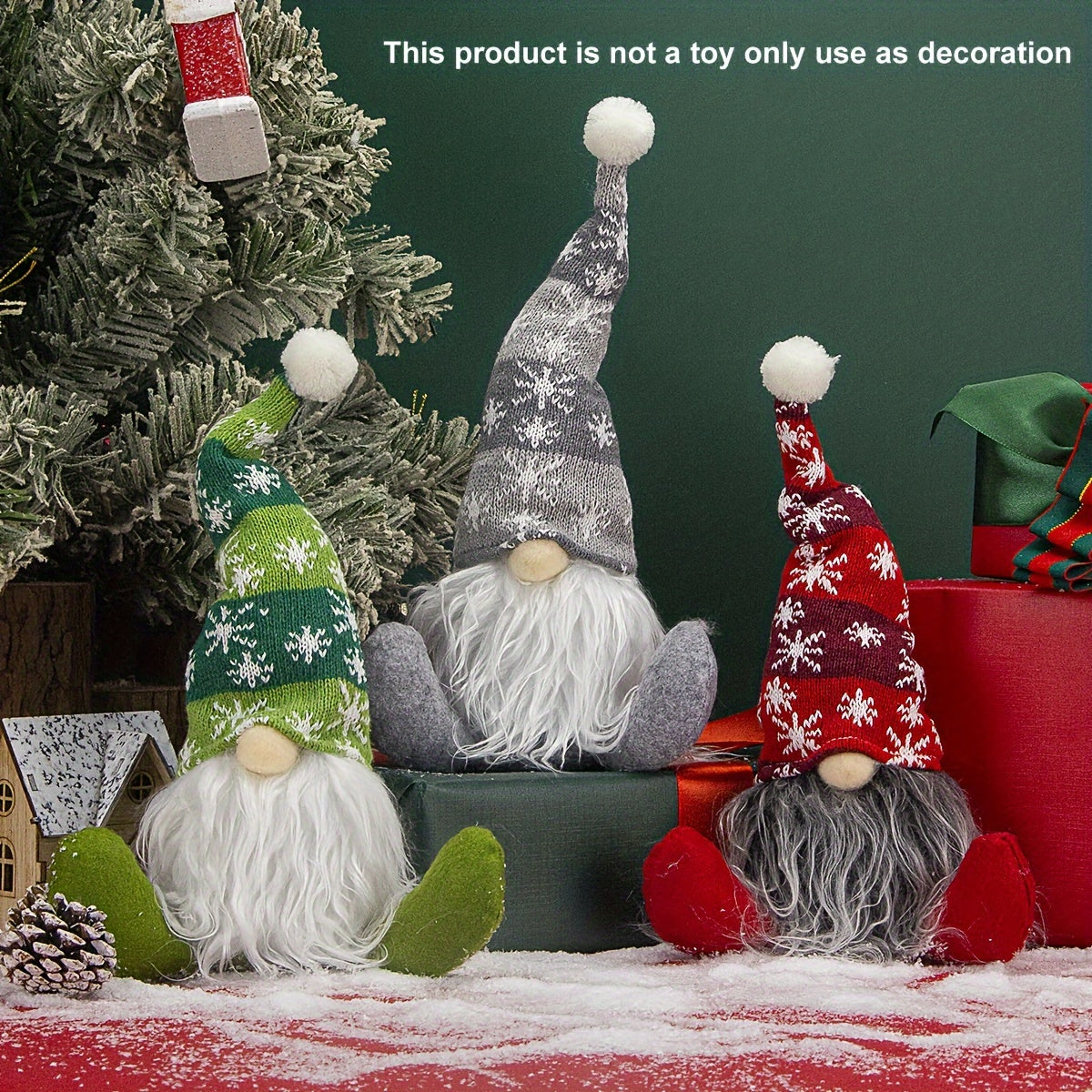 Christmas scene with an old man sitting in a snowflake hat and mustache, surrounded by props and decorations on Christmas Eve.