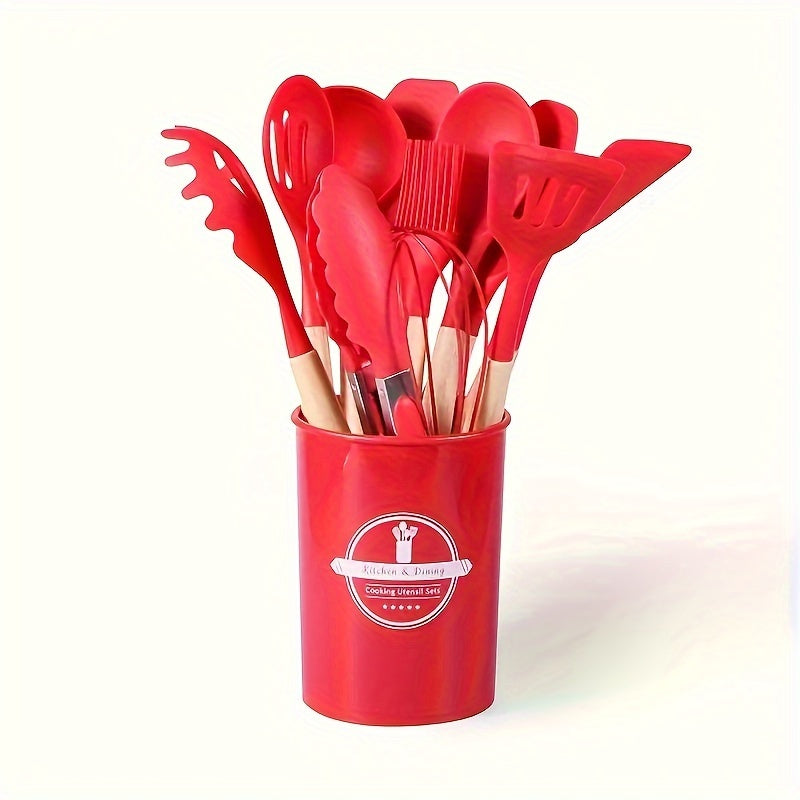 Wooden-handled Silicone Kitchen Utensil Set - Includes 6 or 12 Pieces of Cooking and Baking Tools such as Non-Stick Spatula, Ladle, Whisk, and Storage Rack. Ideal for Holiday Celebrations such as Christmas, Halloween, Easter, Hanukkah, and Thanksgiving.