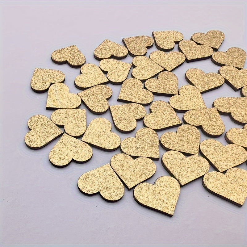 Wooden peach heart decoration with gold and silver glitter for wedding table.