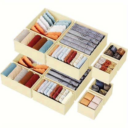 12-piece cloth drawer organizer made of non-woven fabric with zipper, suitable for socks, bras, towels, ties in beige color.