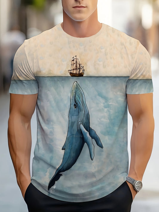 Men's Casual Crew Neck T-Shirt with Geometric Whale & Ship Print, 100% Polyester Knit Fabric, Breathable Mesh, All-Season Top, Slight Stretch - Regular Fit