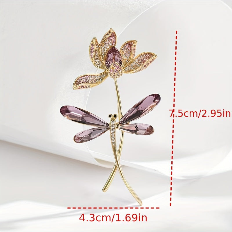 Beautiful Rhinestone Glass Dragonfly & Flower Brooch Pin for Women - Stylish Fashion Accessory