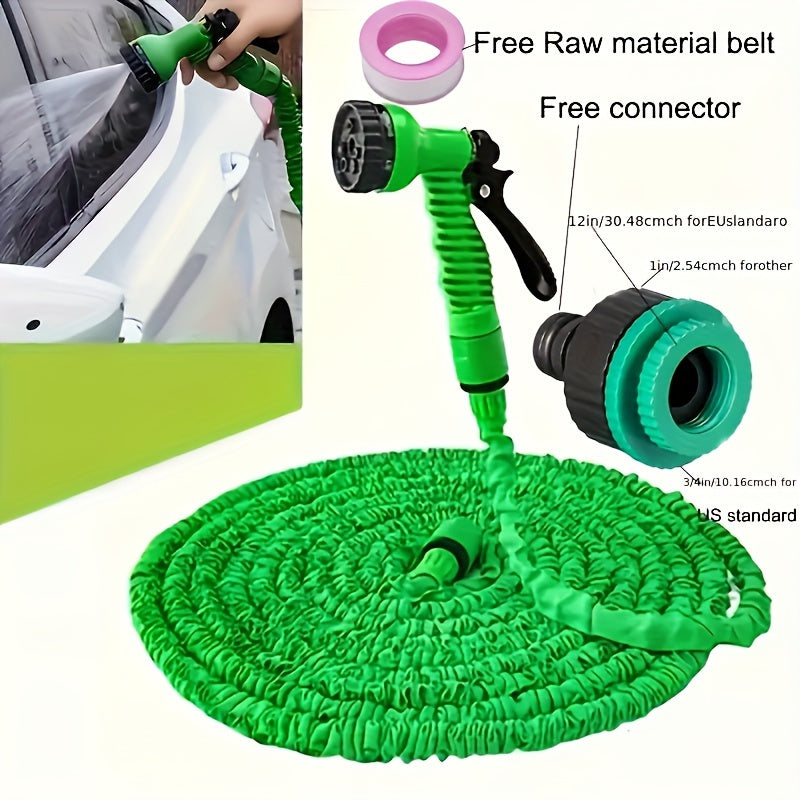 Vibrant green expandable garden hose in 7.62m/15.24m/22.86m/30.48m options, with multi-purpose sprayer. Great for yard watering and car washing with durable PP material.