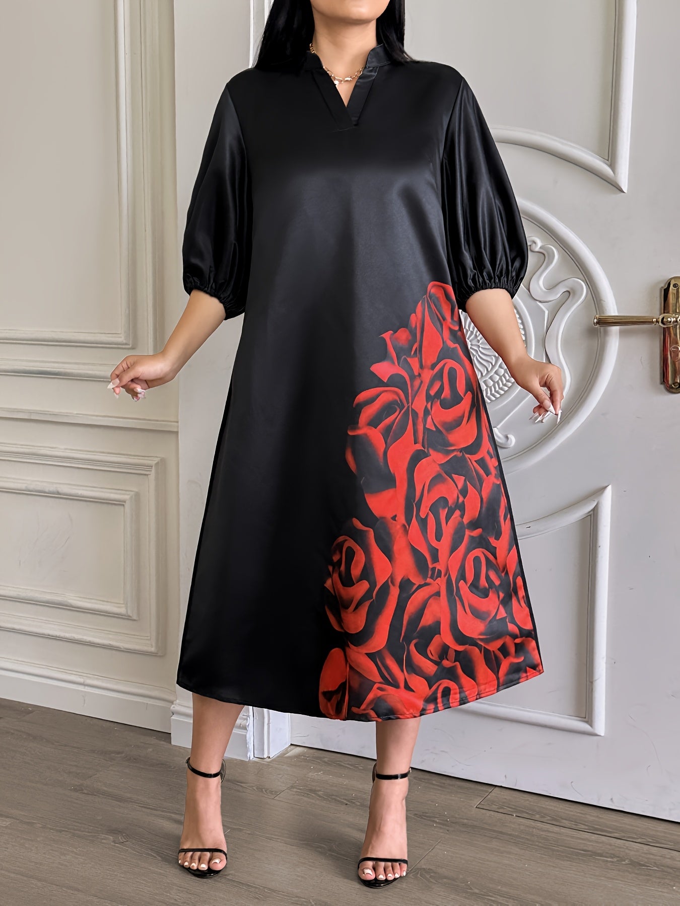 1pc Elegant Women's V-Neck Dress with Red Rose Print, 100% Polyester, Versatile Midi Length, Non-Stretch Fabric