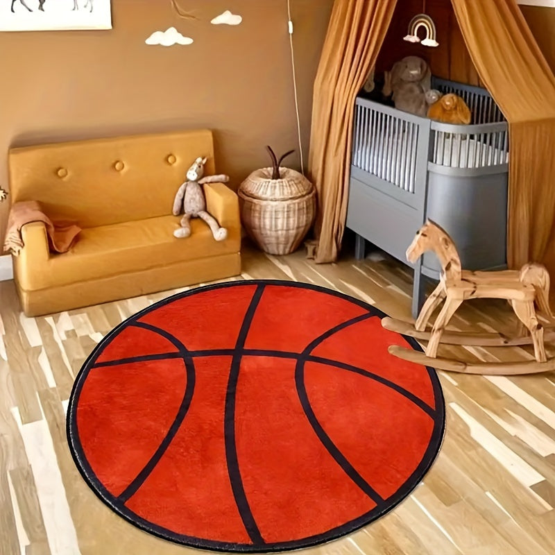 Thick Basketball-Inspired Round Area Rug - Soft Polyester Material, Easy to Clean - Perfect for Bedroom, Living Room, or Playroom Decor - Provides Comfort and Style, Bedroom Rug Option