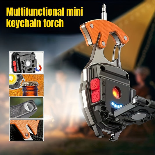 Mini keychain torch with strong light, rechargeable, includes cigarette lighter and screwdriver. Magnetic adsorption, perfect for outdoor activities like camping, fishing, and night