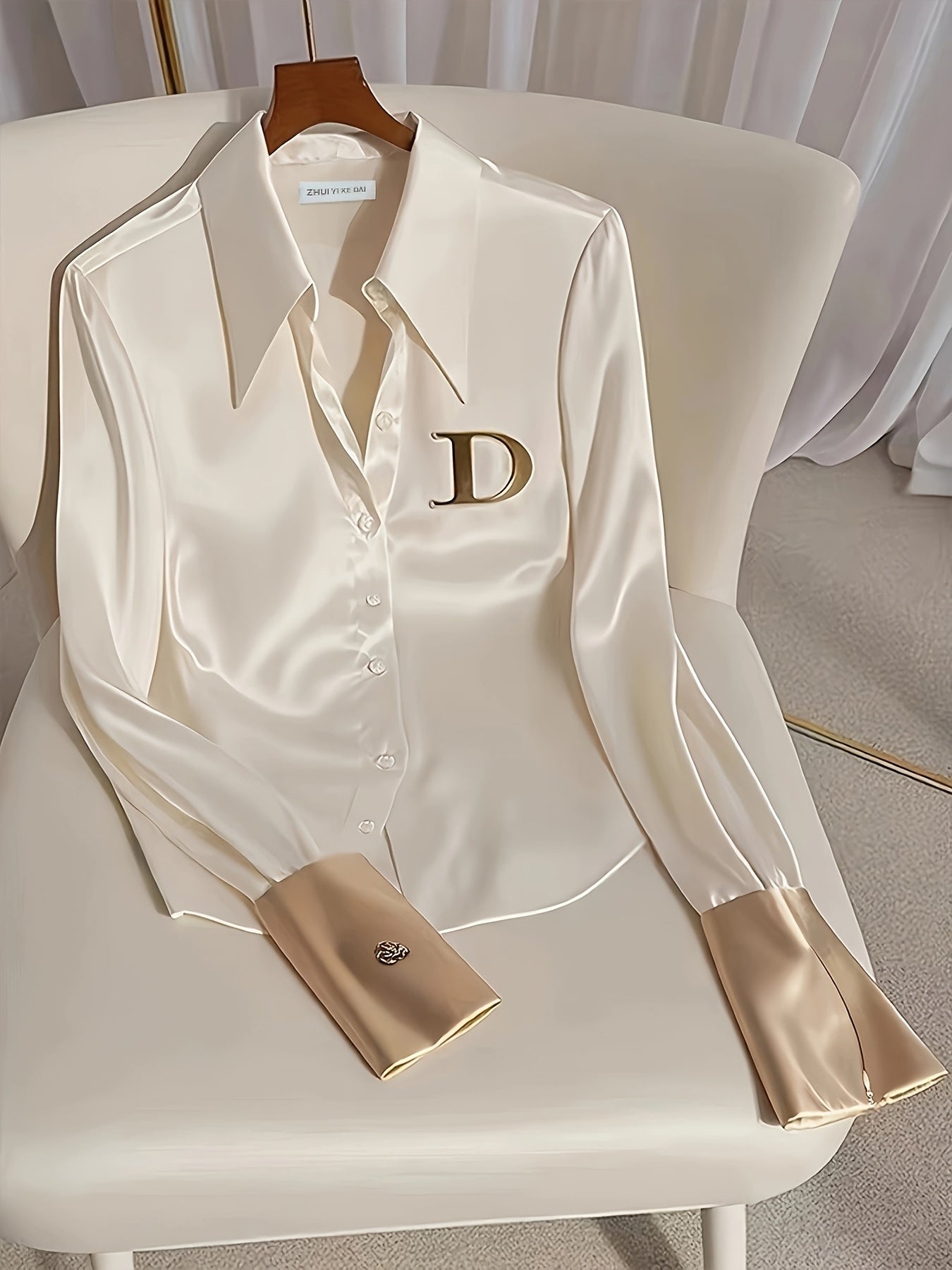 Stylish Women's Polyester Shirt with Wide Collar, Alphabet Embellishments, Metallic Accents, and Zipper Detail - Perfect for Office Wear in Spring/Summer/Fall