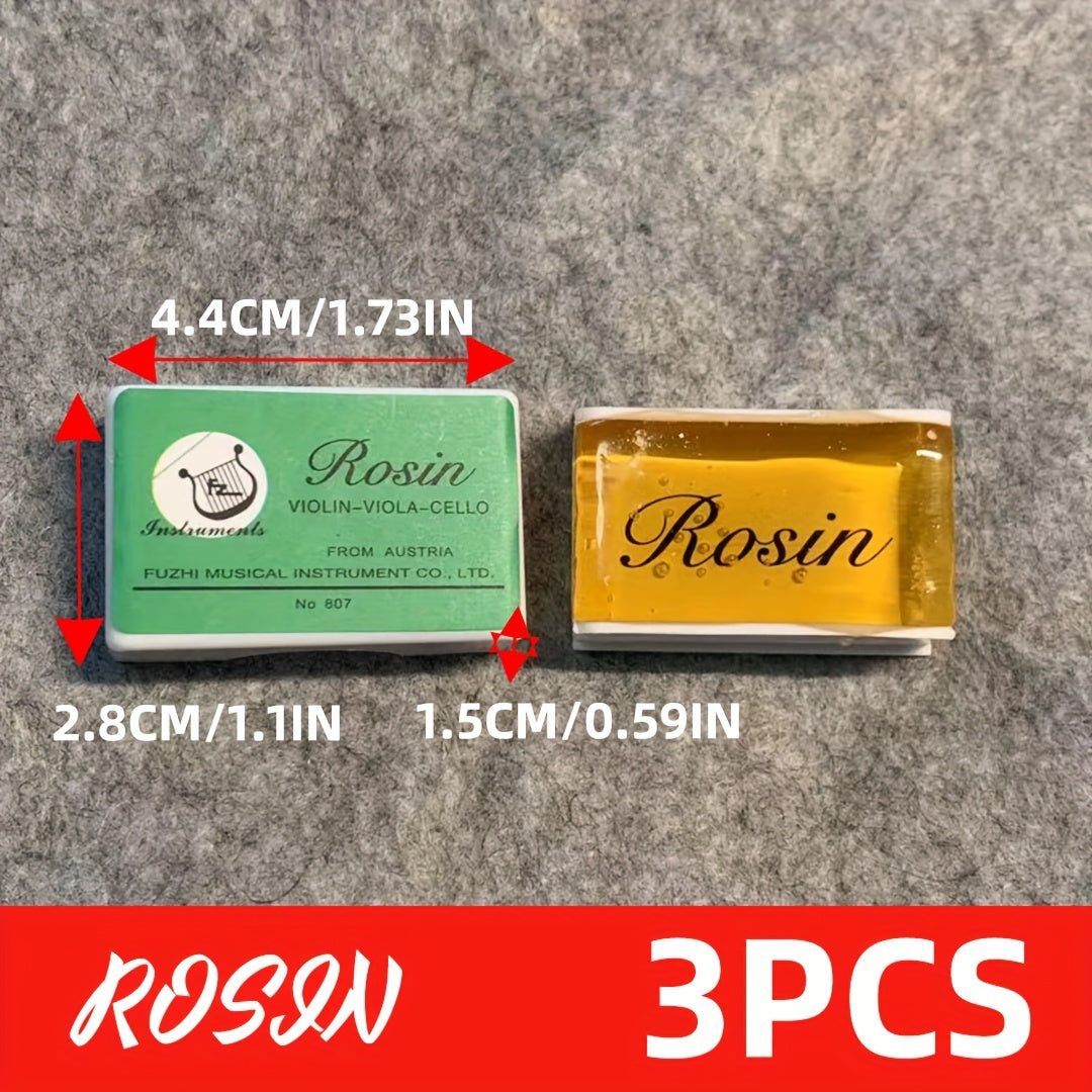 Pack of 3 rosin for various string instruments enhances sound quality.