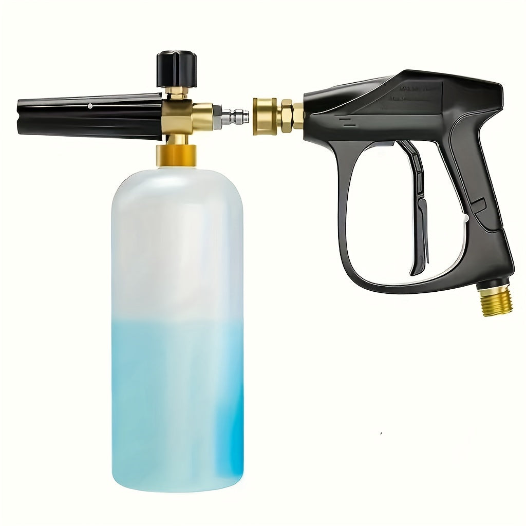 Foam Cannon with adjustable snow foam gun and thick foam for vehicles. Includes quick connector and 1 liter bottle.