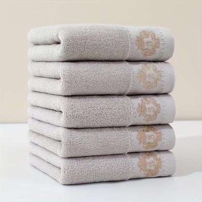 5pc Ultra Soft Cotton Velvet Hand Towels - 34.04x73.66cm, High-Quality & Cooling Comfort for Bathroom, Gym, Travel | Monogram Design in Navy Blue, Light Gray, White, Dark Gray, Light Brown | Multi-Color Options, Bathroom Essentials | Monogrammed Cotton