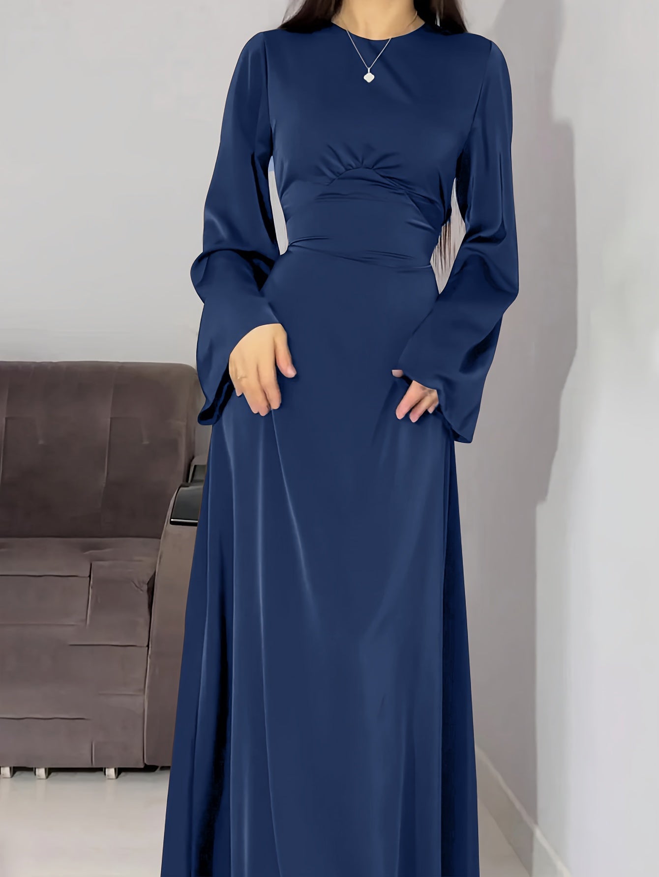 Elegant lace up crew neck maxi dress for women, ideal for spring and fall seasons.