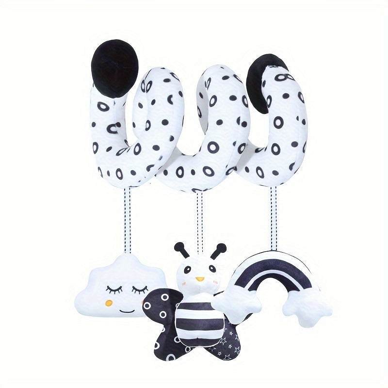 Black and white baby hanging toys with animal-themed designs, perfect for decorating strollers and car seats. These plush spiral toys are ideal for entertaining babies while traveling. Choose from bee, owl, or beetle styles.