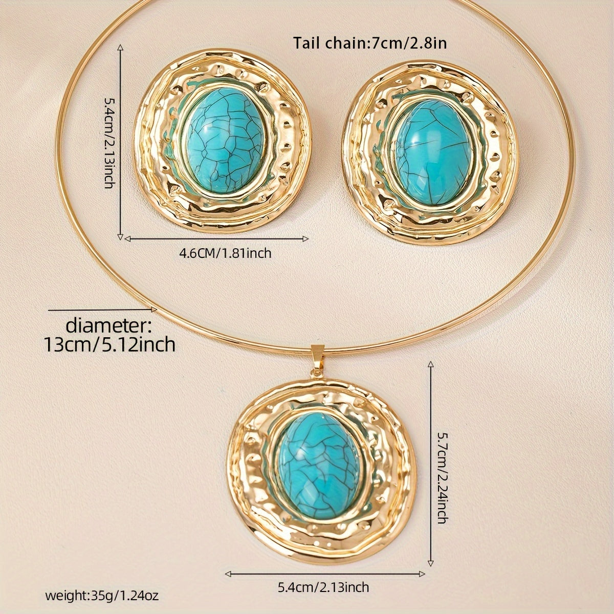 Retro Bohemian Metal Oval Blue Turquoise Two-Piece Set, Including 1 Collar and 1 Pair of Earrings. Elegant French Style, Perfect for Banquets or as Gifts.