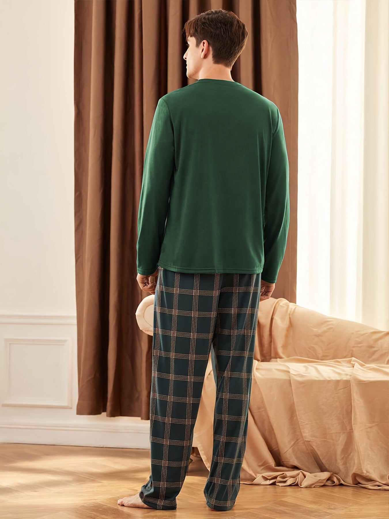 Dark green men's long-sleeve shirt and plaid trousers pajama set