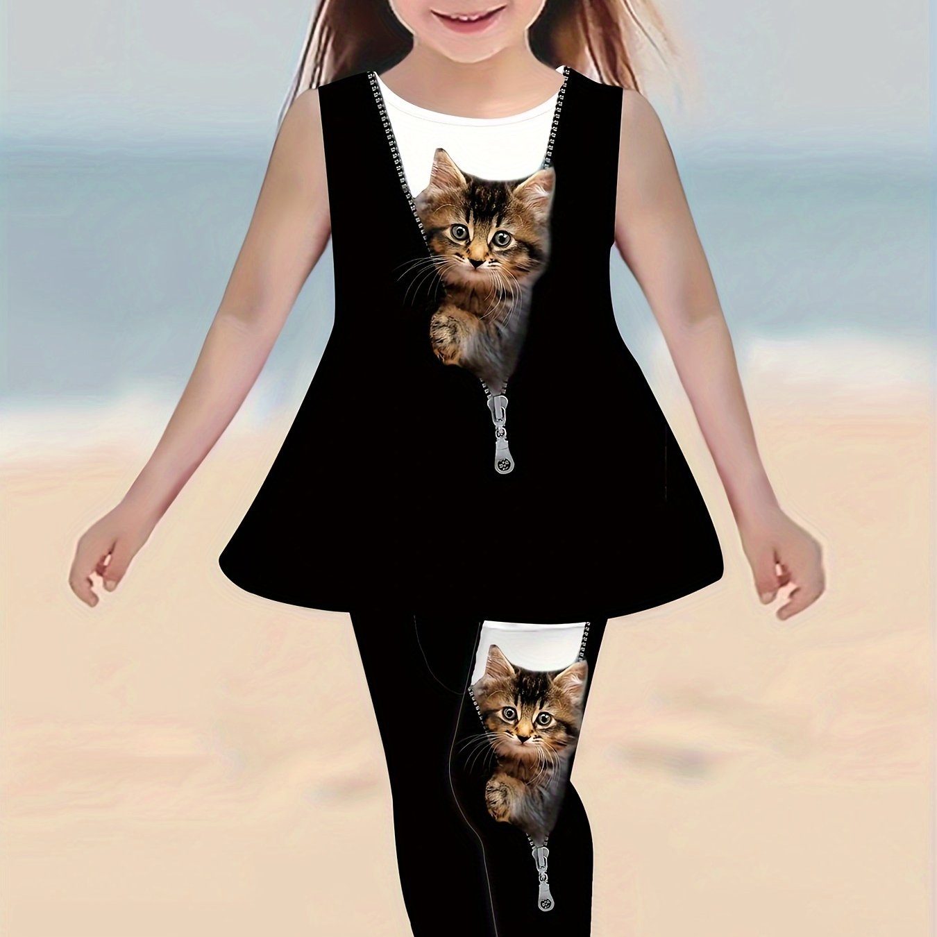 2 piece set for girls featuring a cat graphic sleeveless crew neck t-shirt and pants, perfect for summer outdoor wear. Great as a gift.