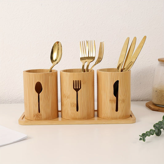 Choose from a single Tableware Storage Bucket or a set of four, including three Kitchen Utensil Storage Buckets for knives, forks, and spoons, all set on a Bamboo Tray Base.