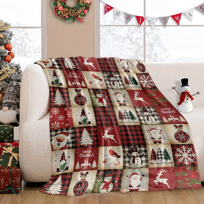 A festive Christmas cartoon-themed blanket that is perfect for cuddling up on the couch, sofa, or bed. Made of soft flannel material, this cozy throw blanket provides warmth and comfort for napping or camping. It is also great for using in the office or