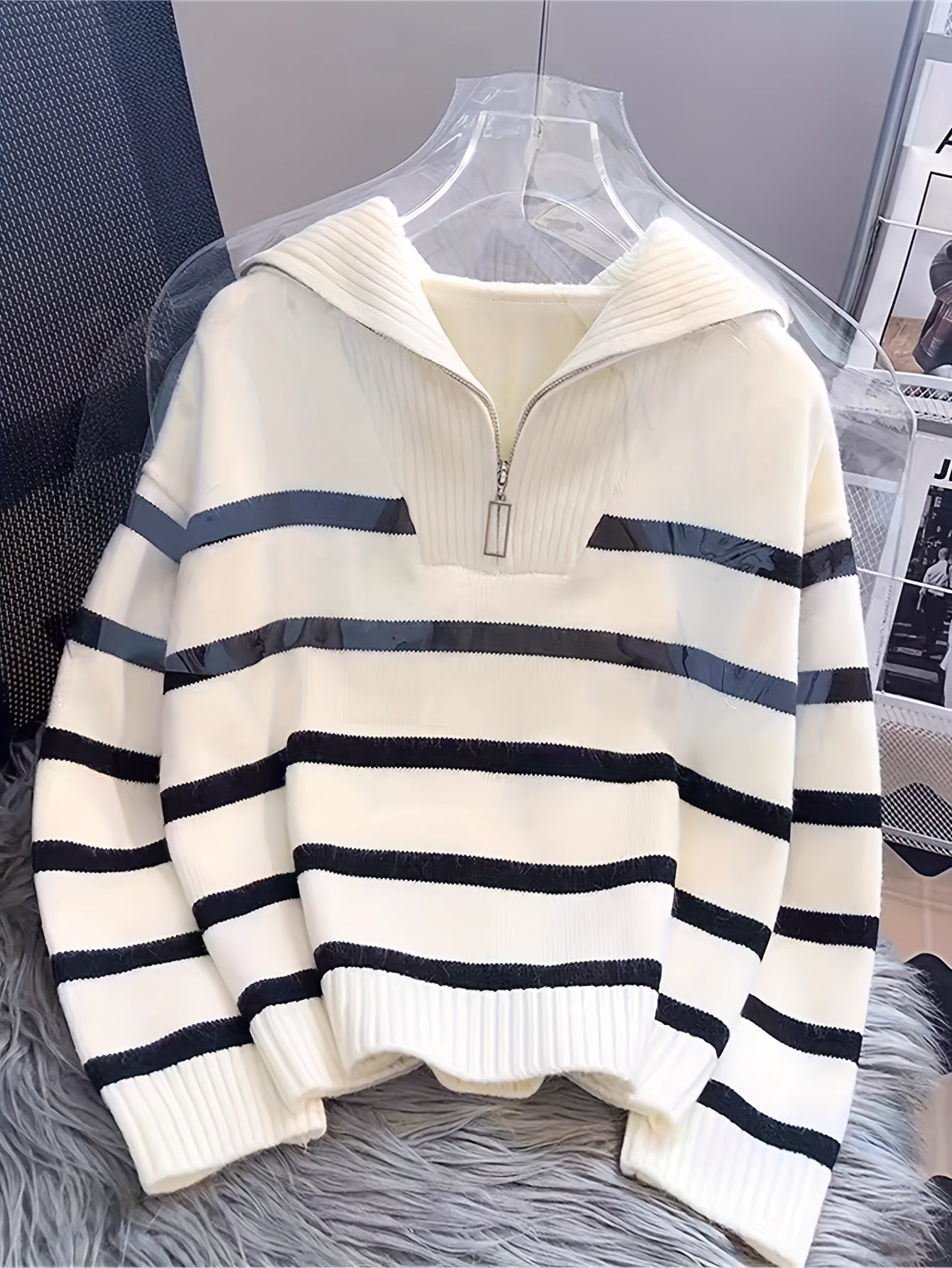 Elegant Striped Zip-Up Knit Sweater, Cozy Acrylic & Polyester Blend, Ideal for Fall/Winter