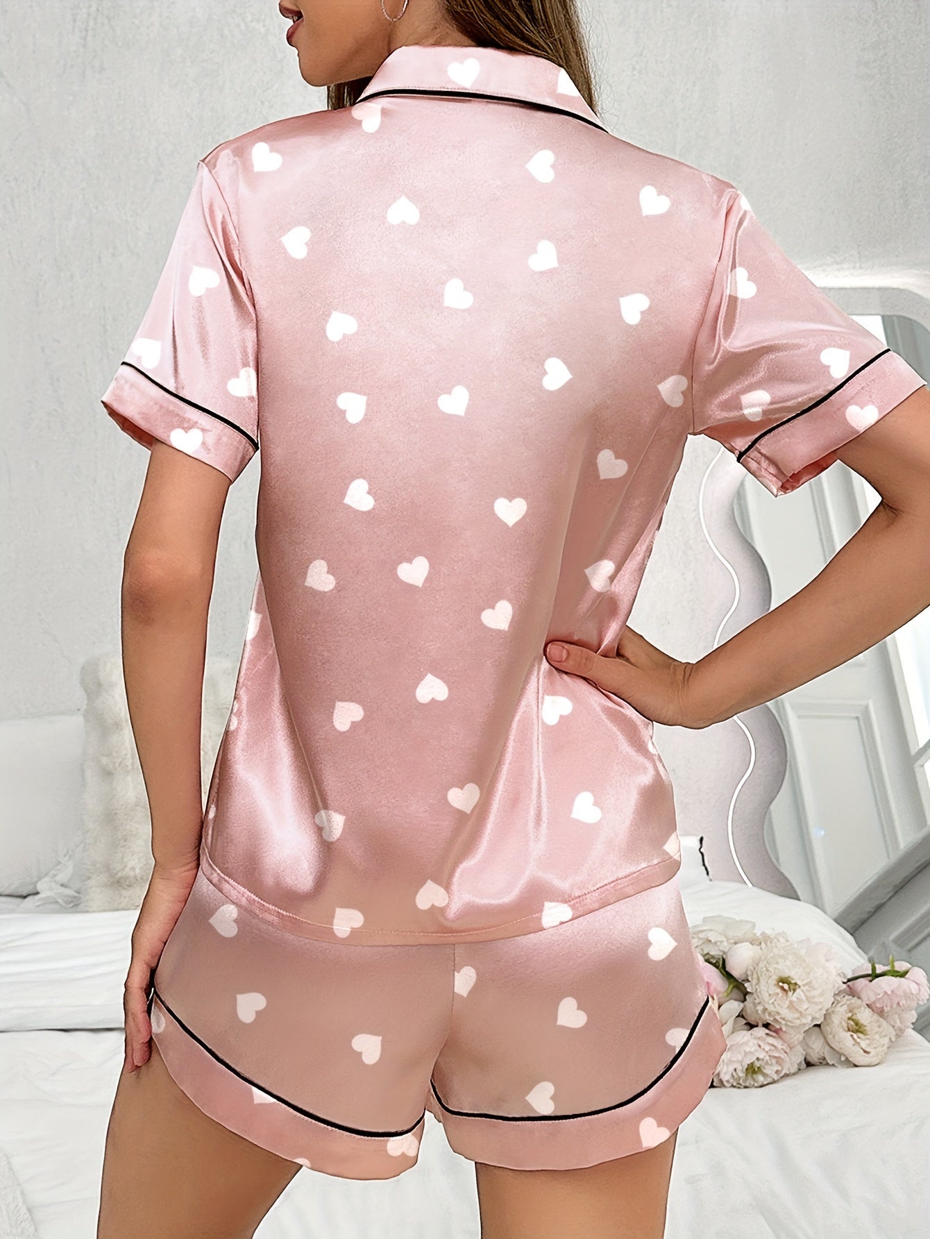 Women's Heart Print Satin Pajama Set with Short Sleeve Button Up Top and Elastic Shorts