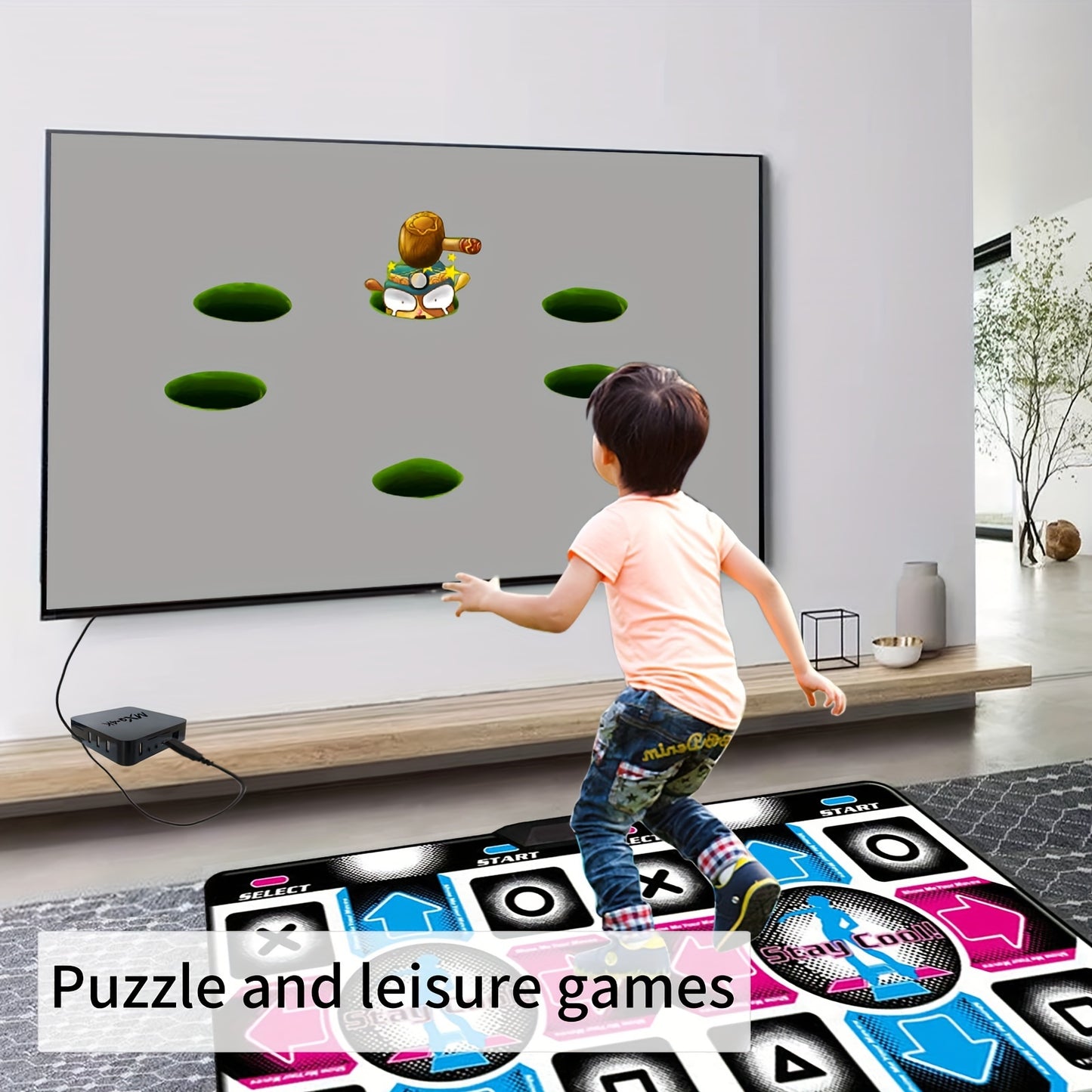 Dual-player dance mat with HD graphics, interactive dance game console, USB powered, PVC material, includes 2 gamepads, for ages 3-8, no batteries needed.